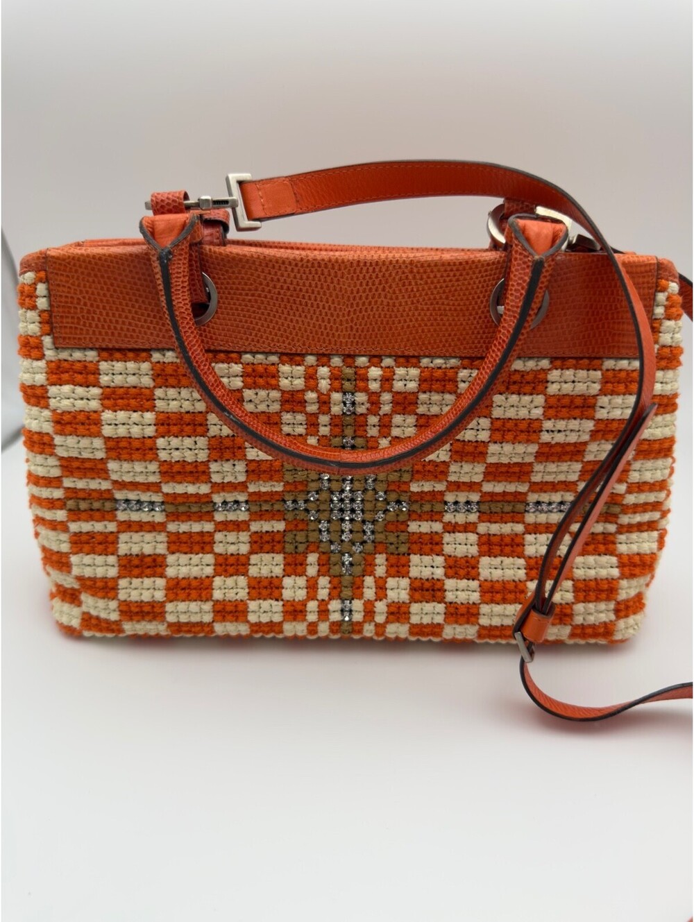 Bottega Veneta Raffia 2way Orange Handbag Silver Hardware Swarovski Crystals